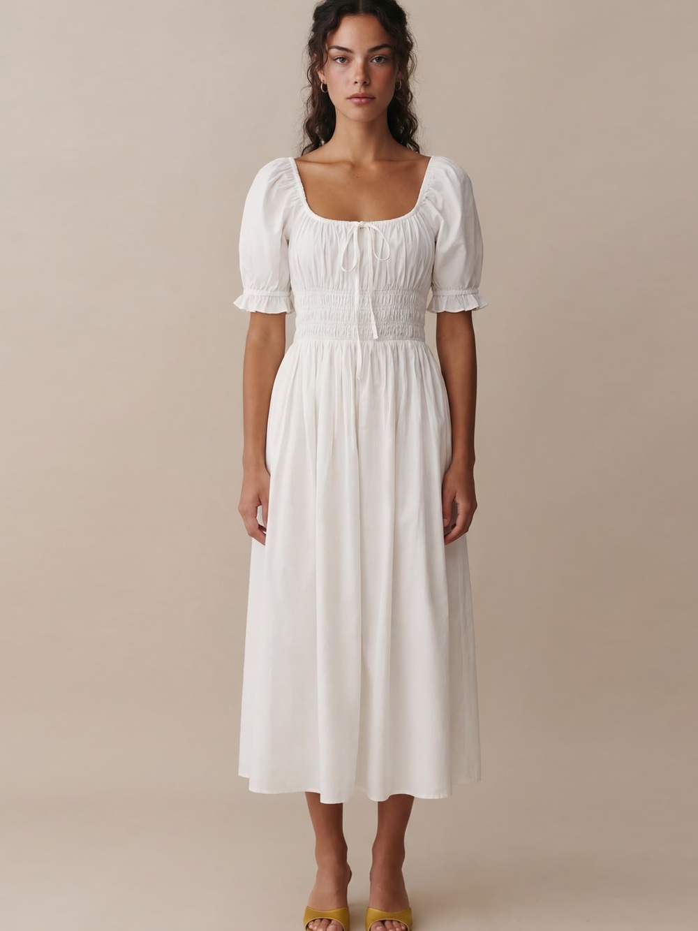 White Smocked Midi Dress with Puff Sleeves